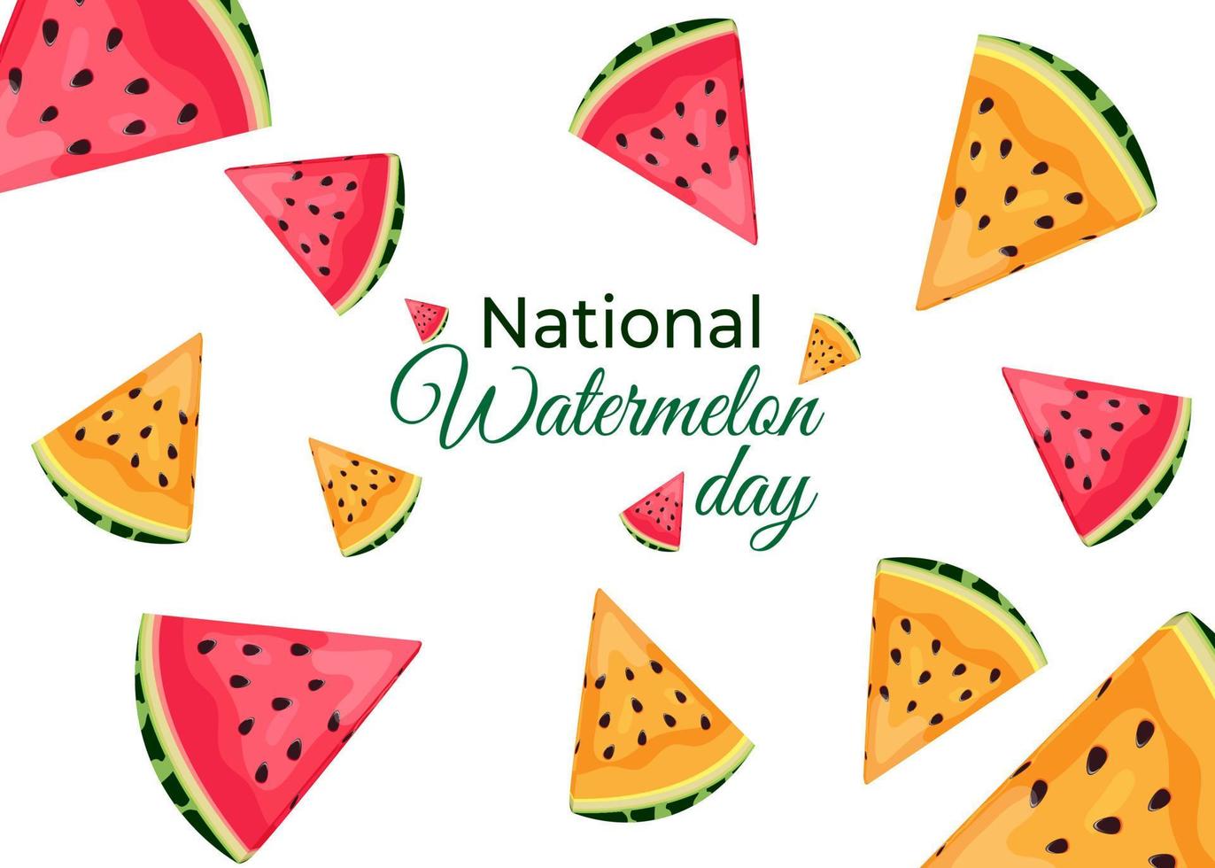 wereld vakantie watermeloen dag. nationale watermeloendag. watermeloen dag. plakjes gele en rode watermeloen met zaden op een roze achtergrond vector