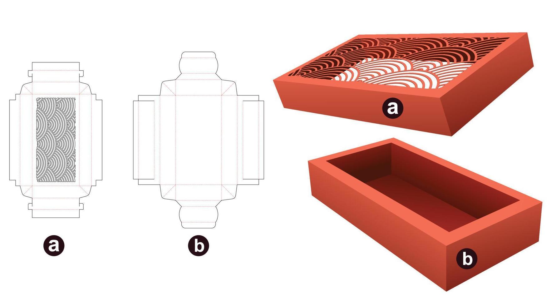 Japanse rechthoekige doos met deksel gestanst sjabloon en 3D-mockup vector