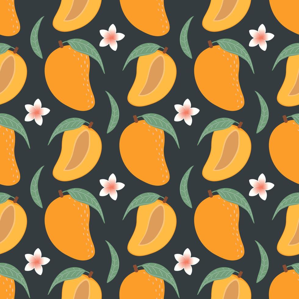 naadloos patroon met mango, bloemen en bladeren. fruit patroon. vector