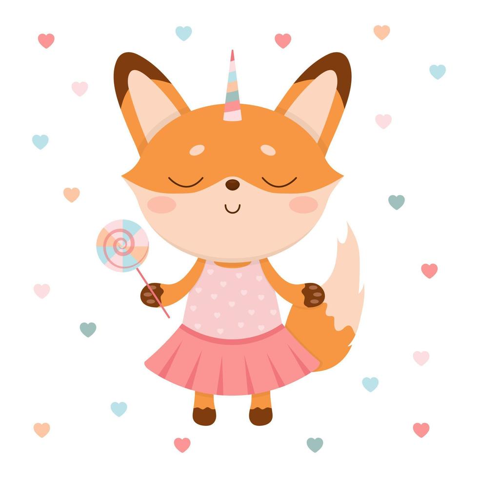 schattig vosmeisje, in een roze jurk, foxicorn, met een eenhoornhoorn en een lolly. vector