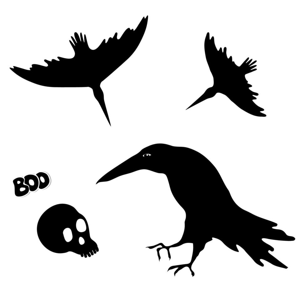 silhouetten van heksenraven en schedel. halloween-elementontwerp. vector