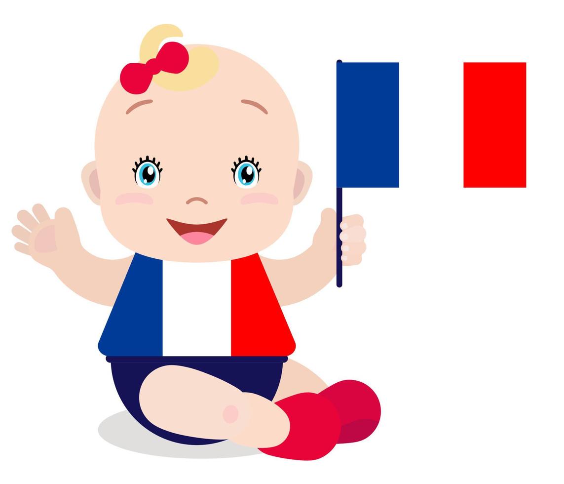 lachende baby peuter, meisje met een vlag van frankrijk geïsoleerd op een witte achtergrond. vector cartoon mascotte. vakantieillustratie op de dag van het land, onafhankelijkheidsdag, vlagdag.