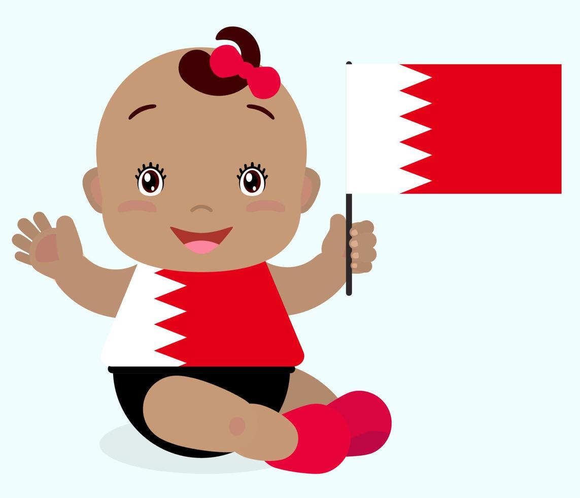 lachende baby peuter, meisje met een vlag van Bahrein geïsoleerd op een witte achtergrond. vector cartoon mascotte. vakantieillustratie op de dag van het land, onafhankelijkheidsdag, vlagdag.