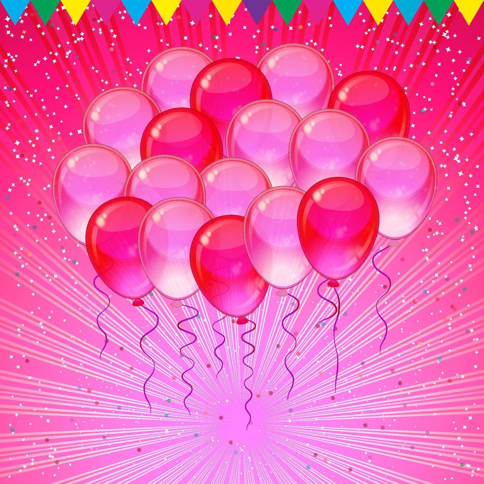 roze feestelijke ballonnen, confetti, linten vliegen voor vieringen kaart. vector
