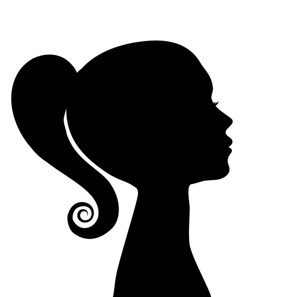 mooie vrouw profiel silhouetten met elegant kapsel, vector jonge vrouwelijke gezicht ontwerp, schoonheid meisje hoofd met gestileerd haar, mode dame grafisch portret.