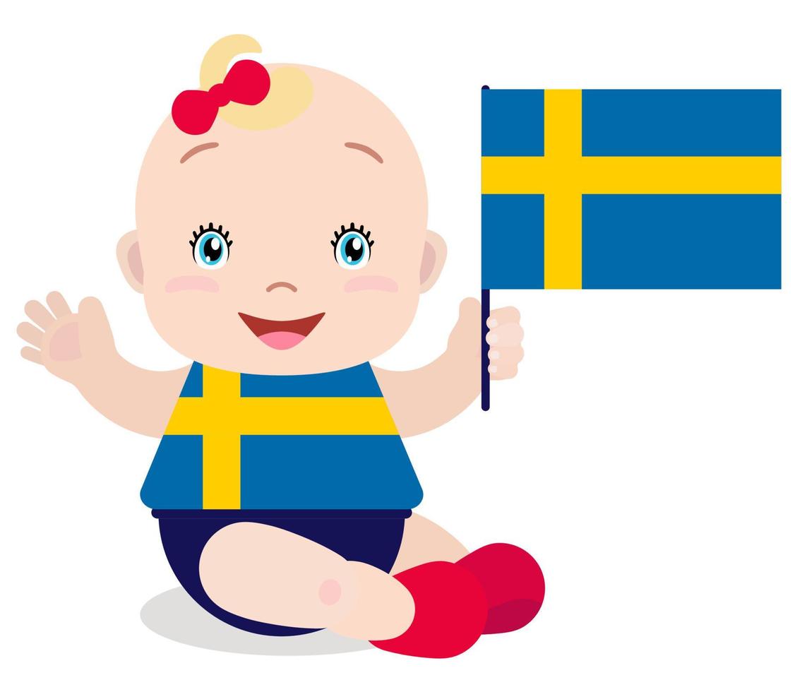 lachende baby peuter, meisje met een vlag van zweden geïsoleerd op een witte achtergrond. vector cartoon mascotte. vakantieillustratie op de dag van het land, onafhankelijkheidsdag, vlagdag.