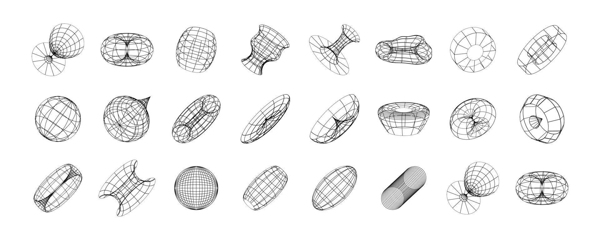 set van abstracte draadframe 80s stijl. retro futuristische technologie in rasterlijn voor grafisch element. verzameling van 3d mesh illustratie ontwerpvorm vector