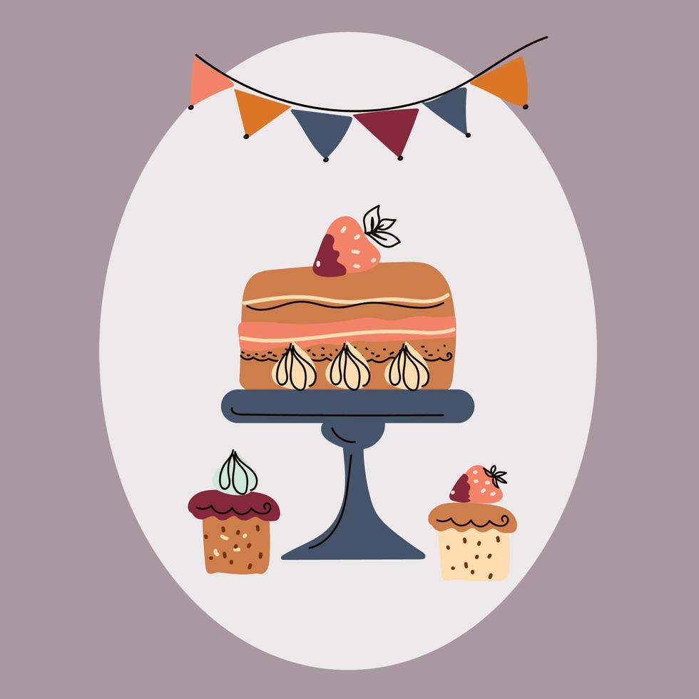 afternoon tea stand set met cakejes, koffiehuis iconen van desserts. vector