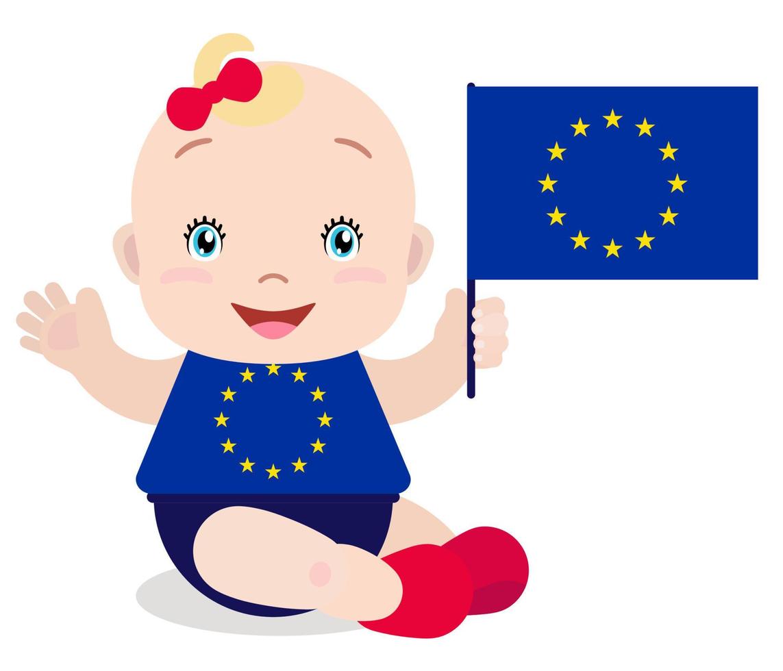 lachende baby peuter, meisje met een vlag van de Europese Unie geïsoleerd op een witte achtergrond. vector cartoon mascotte. vakantieillustratie op de dag van het land, onafhankelijkheidsdag, vlagdag.