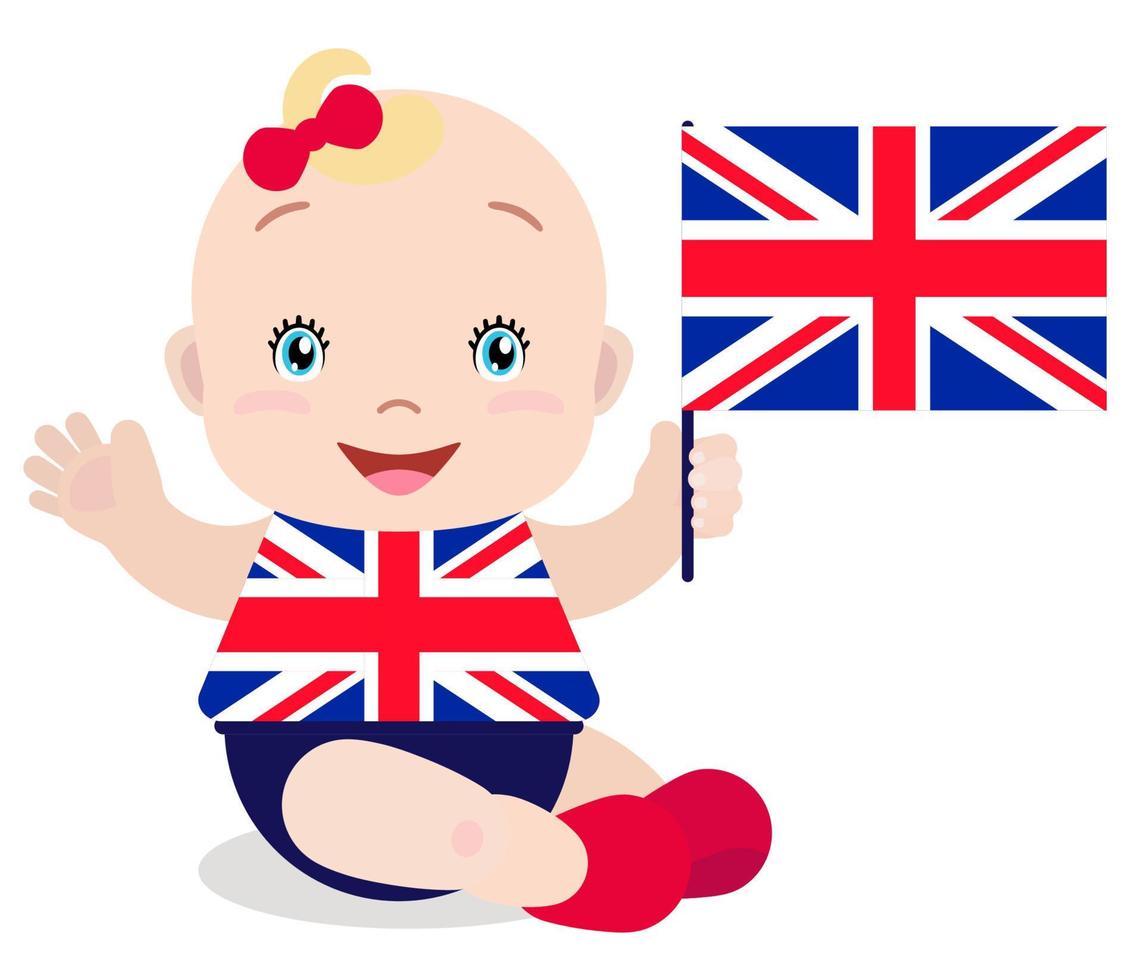 lachende baby peuter, meisje met een Britse vlag geïsoleerd op een witte achtergrond. vector cartoon mascotte. vakantieillustratie op de dag van het land, onafhankelijkheidsdag, vlagdag.