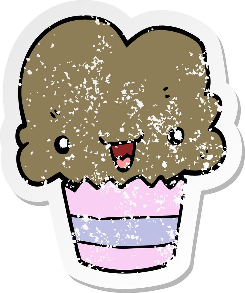 noodlijdende sticker van een cartoon cupcake met gezicht vector