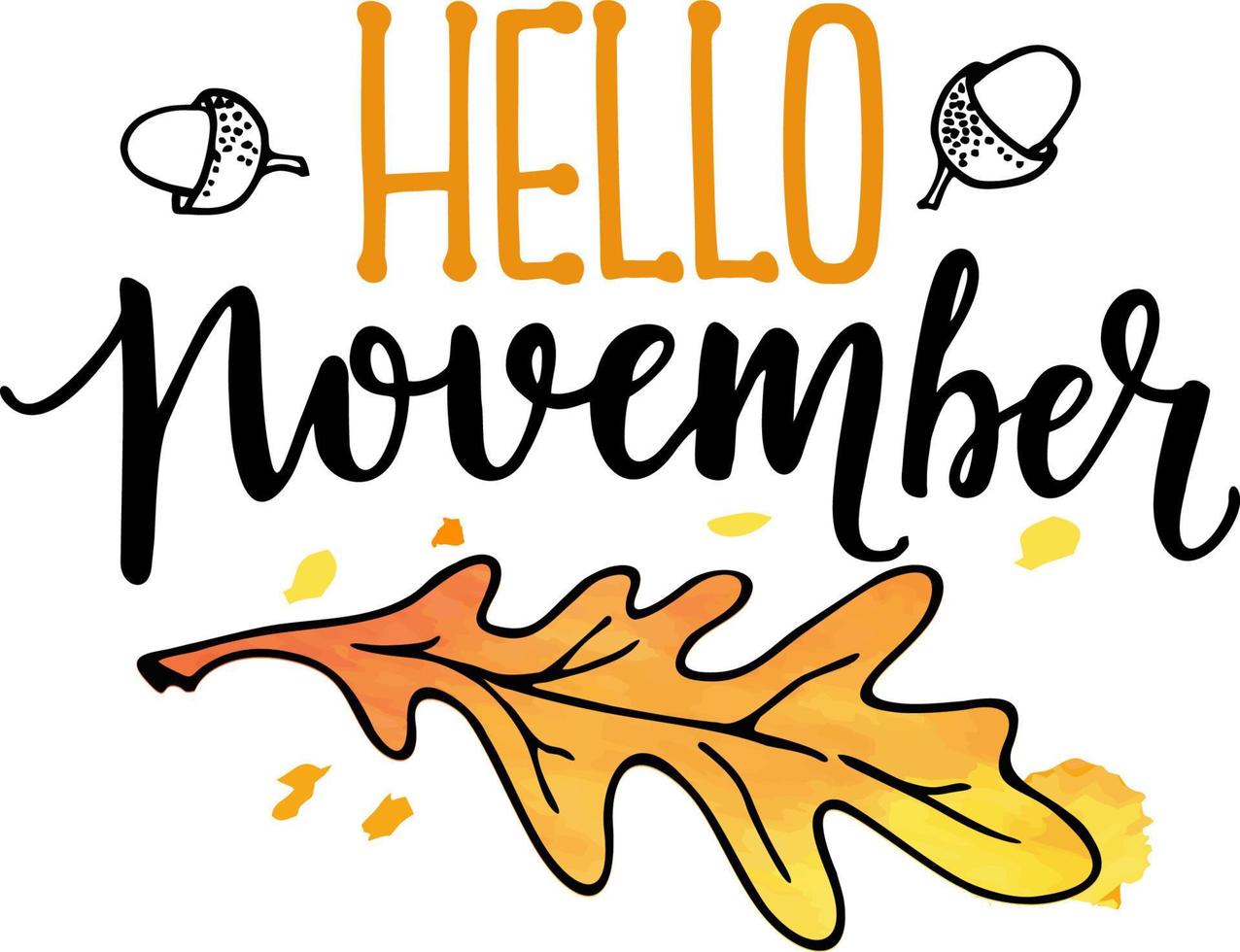 hallo november tekst, met bladeren krans. geïsoleerd. goed voor wenskaart, poster, spandoek, textielprint, woondecoratie. hallo herfst ontwerpsjabloon afdrukken. herfst seizoen vector