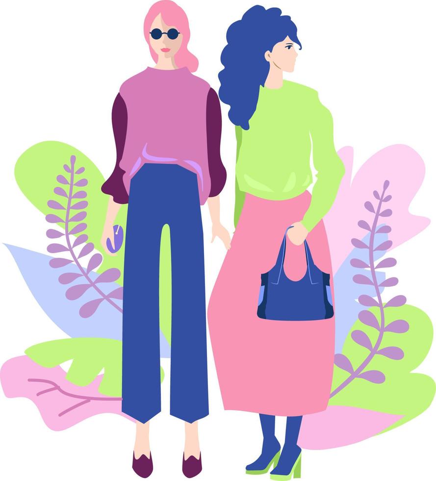 milieuvriendelijke mode. milieuvriendelijk feest met twee meisjes. eco-illustratie. mensen gebruiken ecologische kleding. milieuvriendelijke karakters. Red de planeet vector