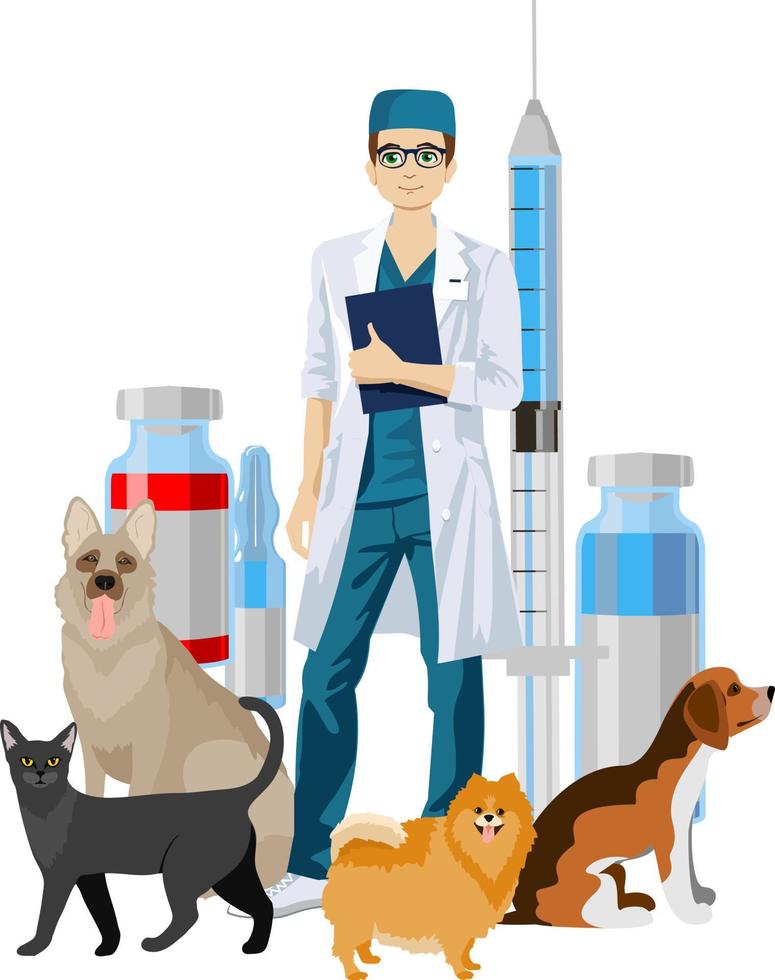 dierenarts voor huisdieren. dierenarts die dieren controleert en behandelt. idee van dierenverzorging. diergeneeskundige behandeling en vaccinatie. vectorillustratie van man dierenarts met schattige huisdieren, honden, katten vector