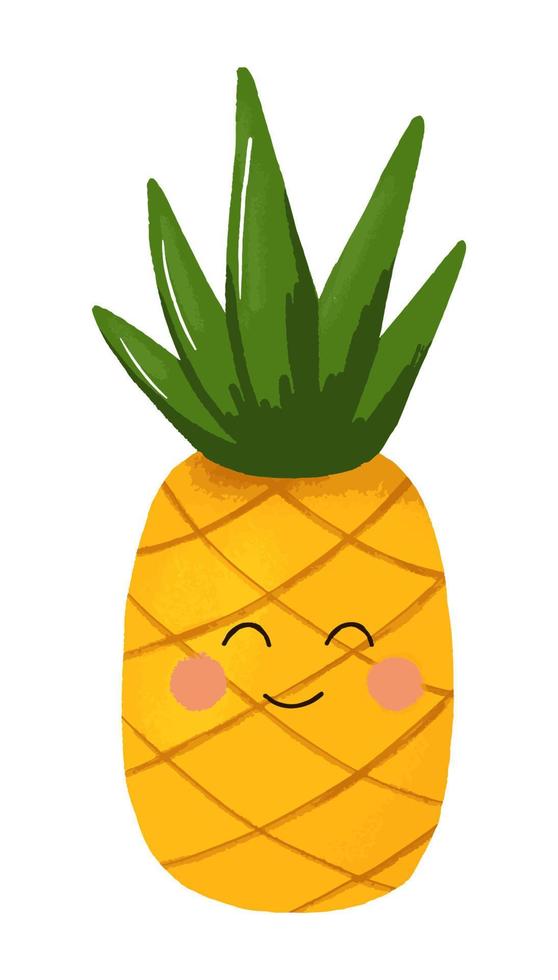 weba happy ananas fruit met een schattig kawaii gezicht, een grappig vegetarisch karakter, een illustratie voor een kinderposter en een zomer t-shirt ontwerp geïsoleerd op wit vector