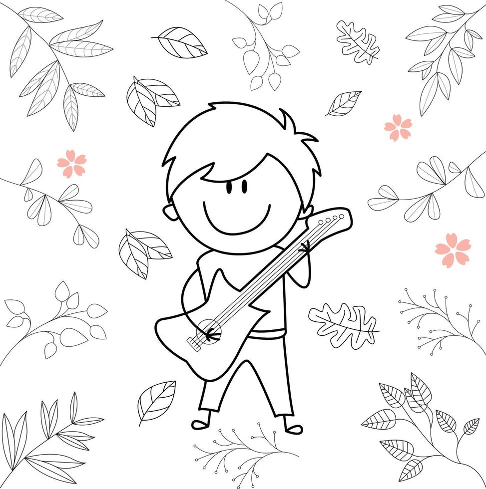 cartoonillustratie van kleine jongen die plezier heeft met gitaarspelen vector