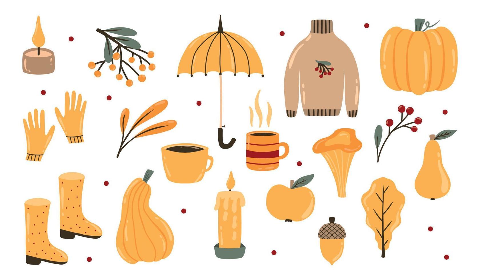 herfst set elementen. collectie met herfstbladeren, pompoenen, paddenstoelen, bessen en meer. vectorillustratie. Hallo herfst. vector