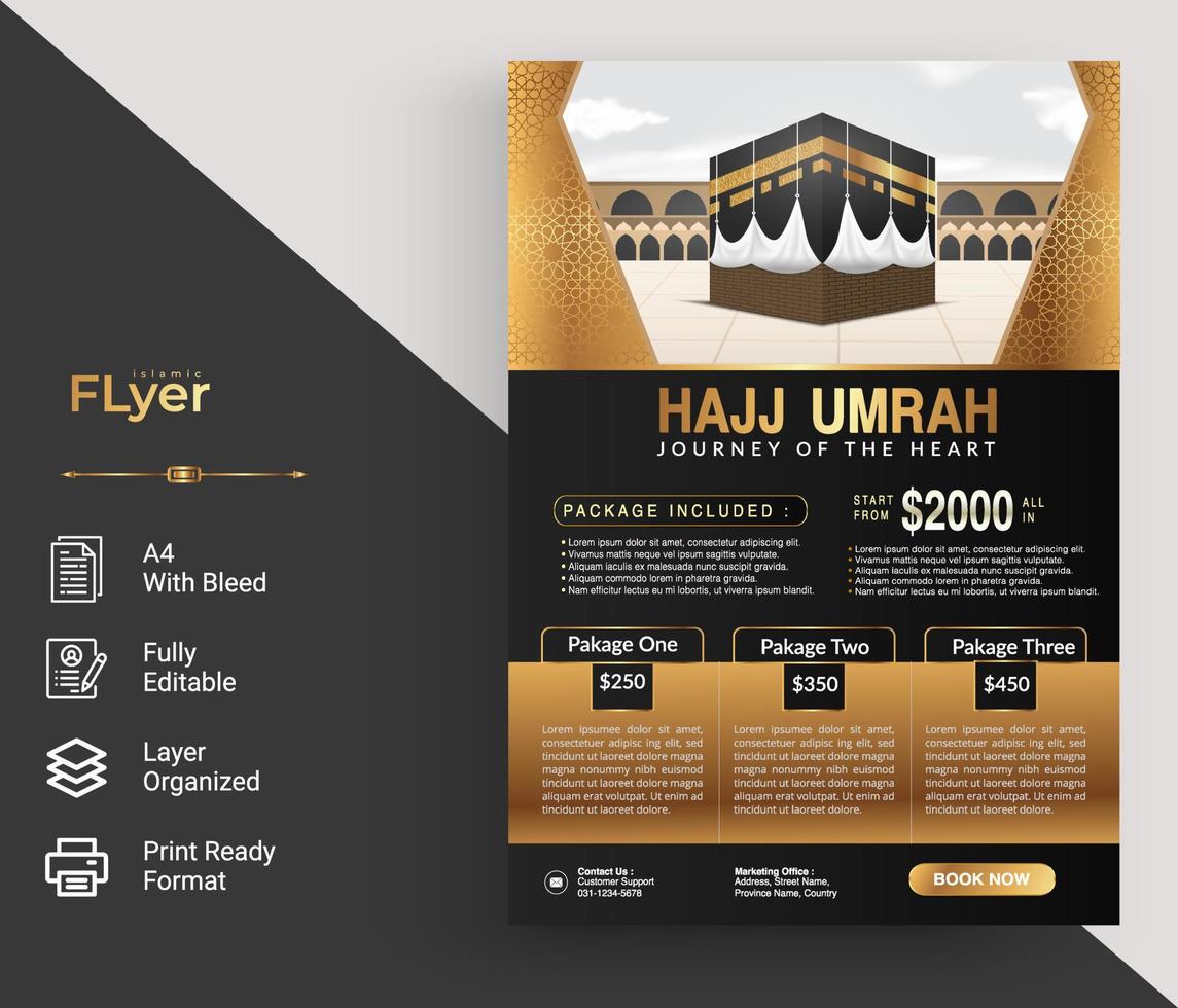 luxe islamitisch flyerontwerp met zwart en goudelement voor hadj of umrah vector