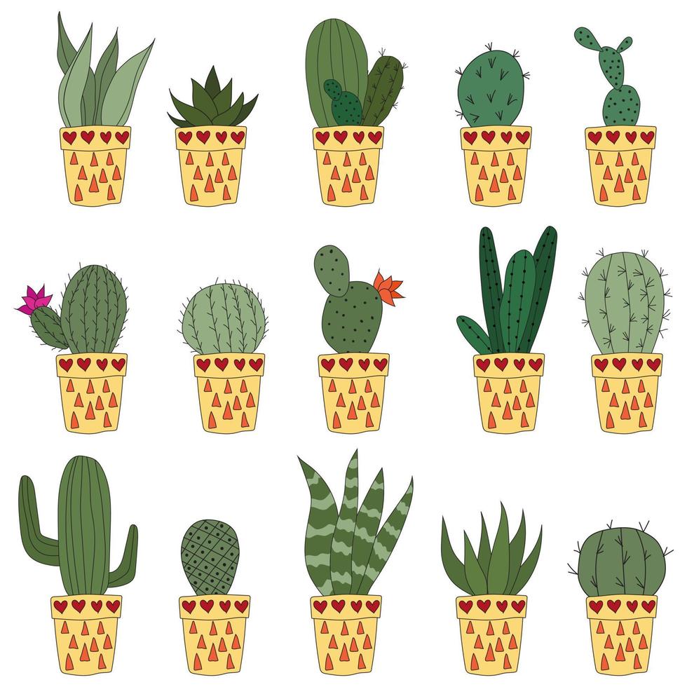 zet schattige doodle cactussen in gele potten. vectorillustratie met schattige kamerplanten. set van 15 planten vector
