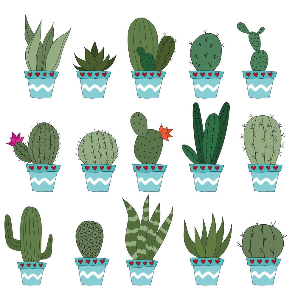 set schattige doodle cactussen in blauwe potten. vectorillustratie met schattige kamerplanten. set van 15 planten vector