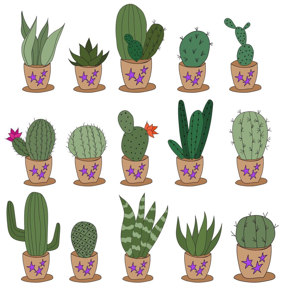 zet schattige doodle cactussen in kleipotten. vectorillustratie met schattige kamerplanten. set van 15 planten vector