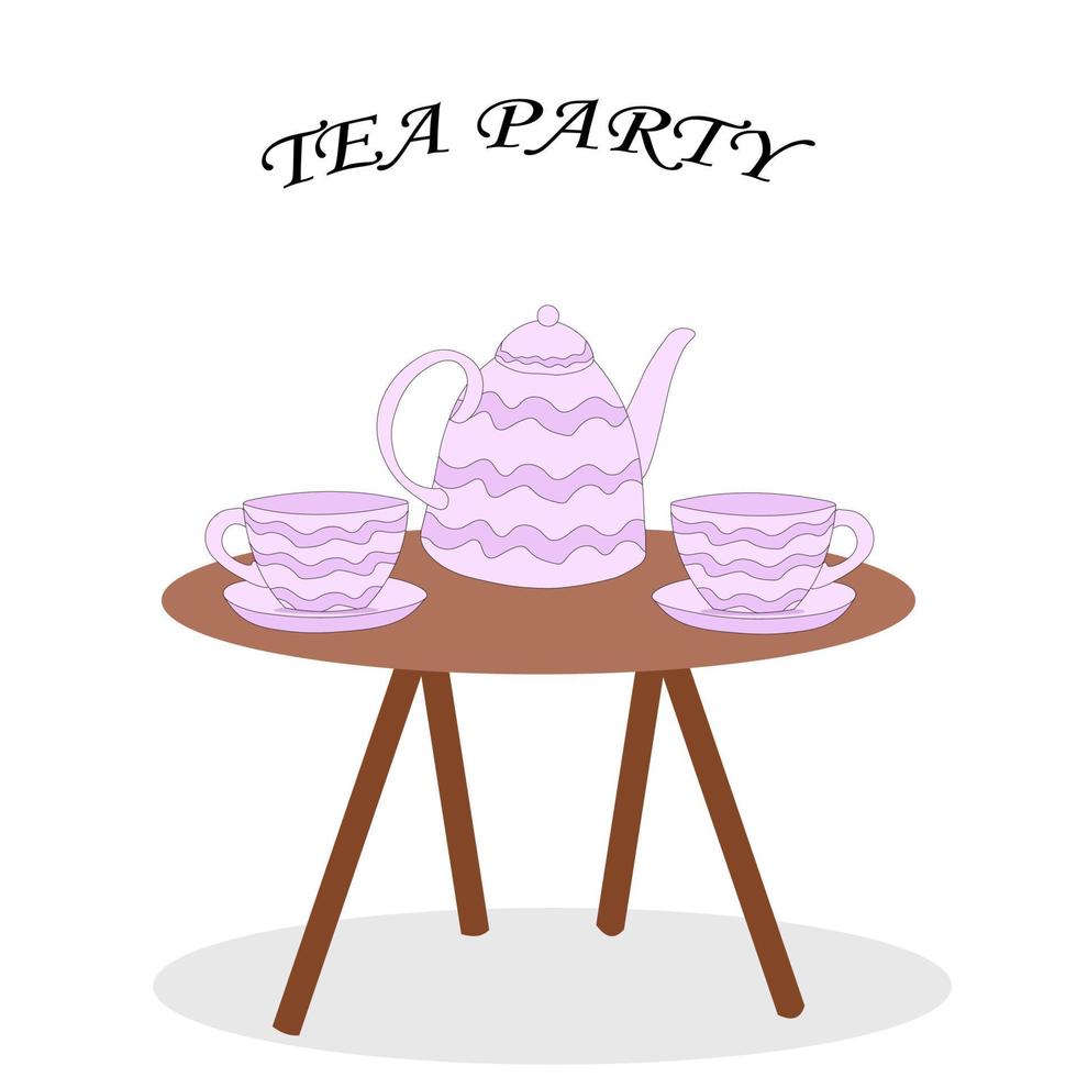 set theepot theepot en kopjes paarse bloemen op de table.tea party vectorillustratie vector