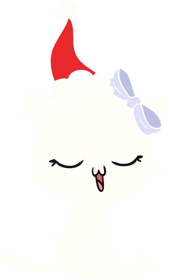 egale kleurenillustratie van een kat met een strik op het hoofd die een kerstmuts draagt vector