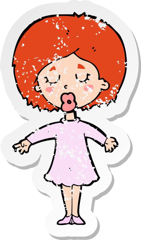 retro verontruste sticker van een cartoonvrouw in jurk vector