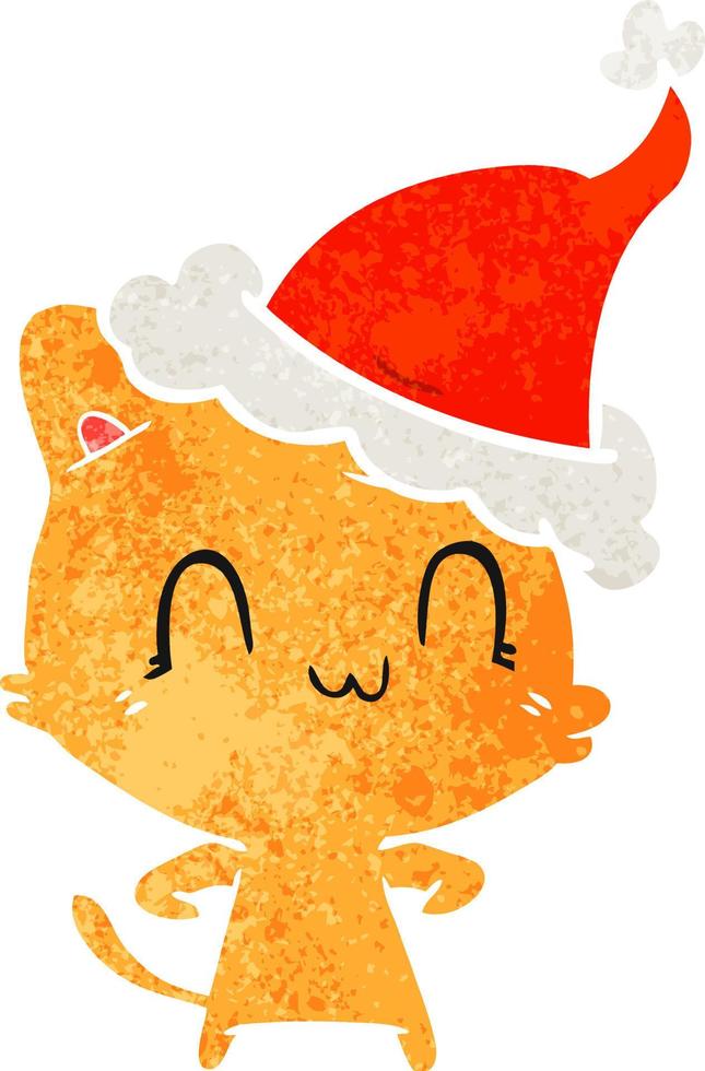 retro cartoon van een gelukkige kat met een kerstmuts vector