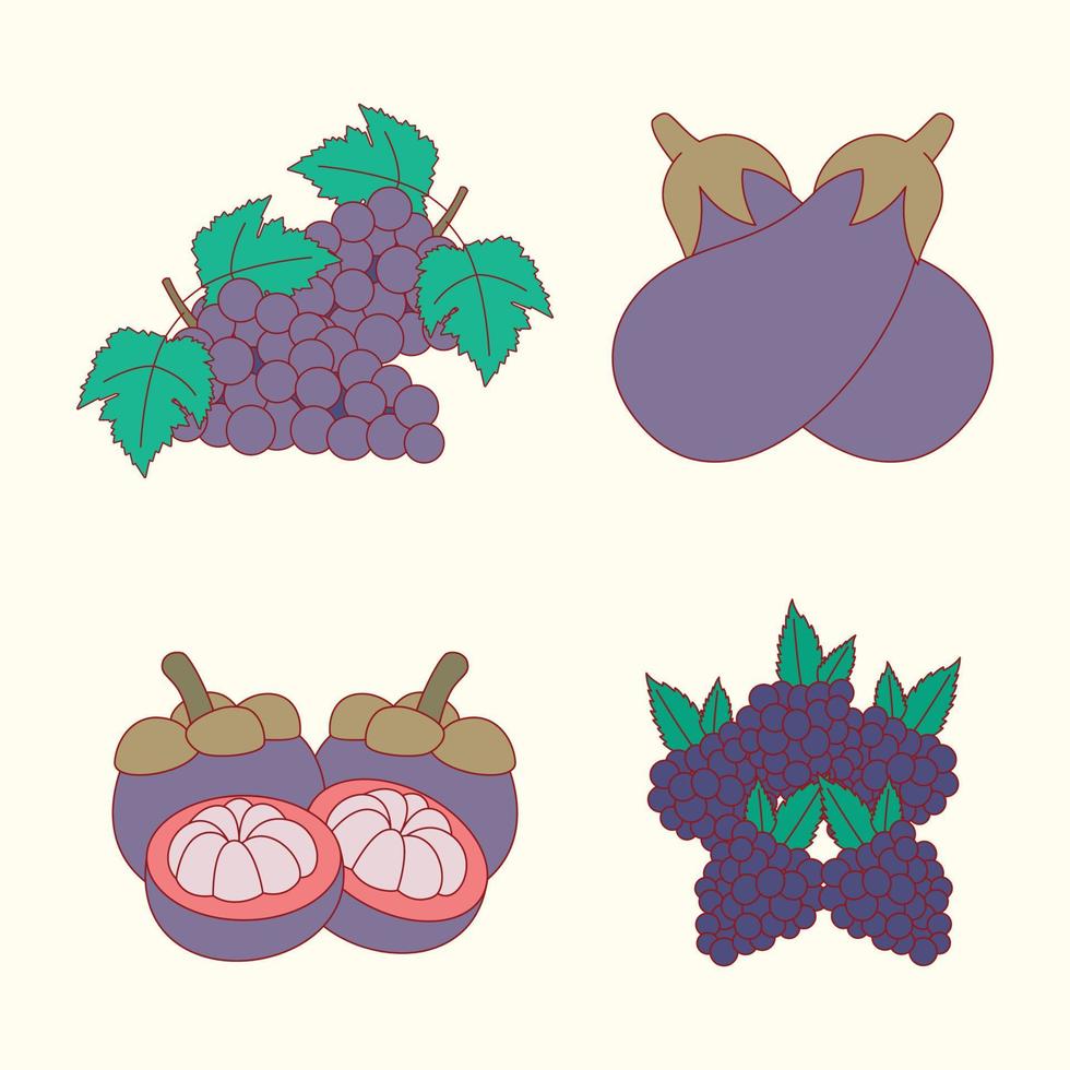 paarse fruitset van bramen, druif, aubergine, platte ontwerpillustratie vector