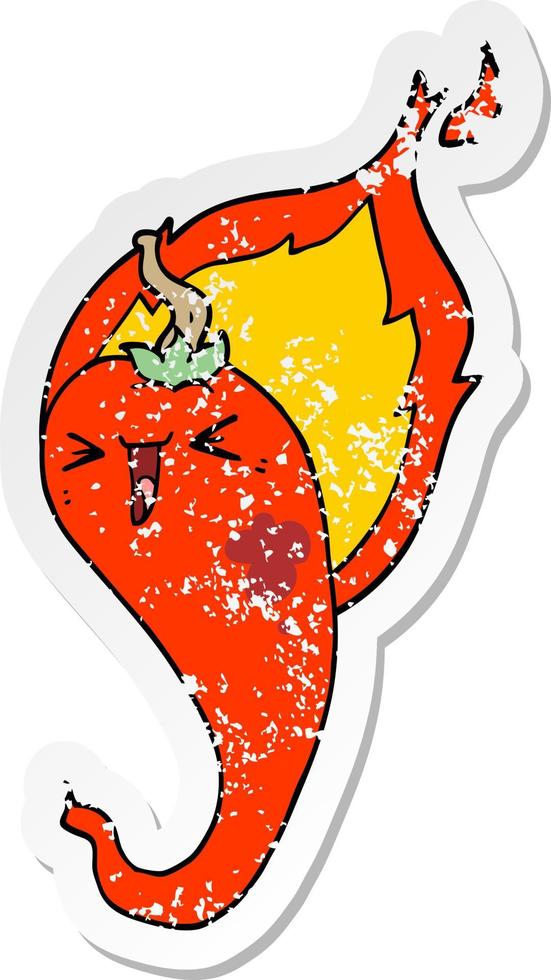 verontruste sticker van een cartoon vlammende hete chili peper vector