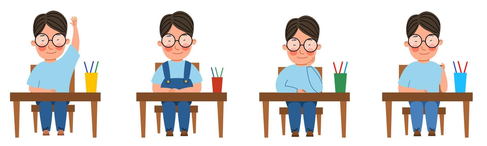 een reeks illustraties met een student die aan een klaslokaal zit. een Aziatische jongen met een bril aan de tafel stak zijn hand op. vector