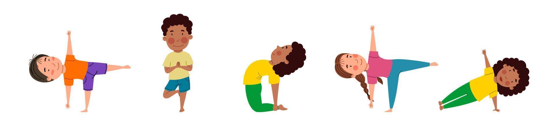 een reeks mooie meisjes en jongens van verschillende nationaliteiten houdt zich bezig met yoga. yoga voor kinderen. vector