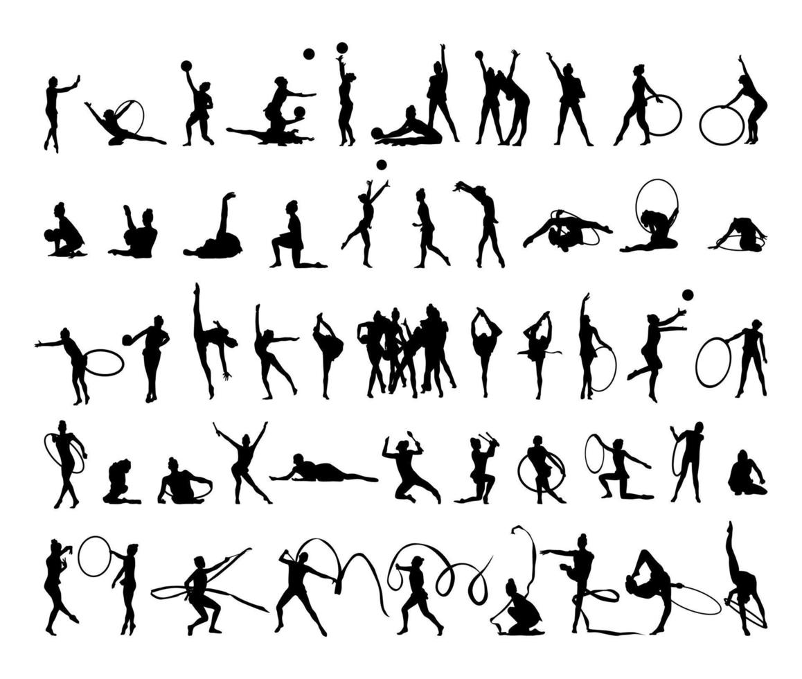 set van zwarte silhouetten ritmische gymnasten vector