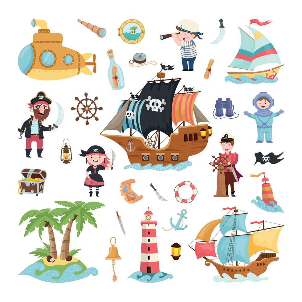 cartoonillustraties van zeilen en piraterij vector