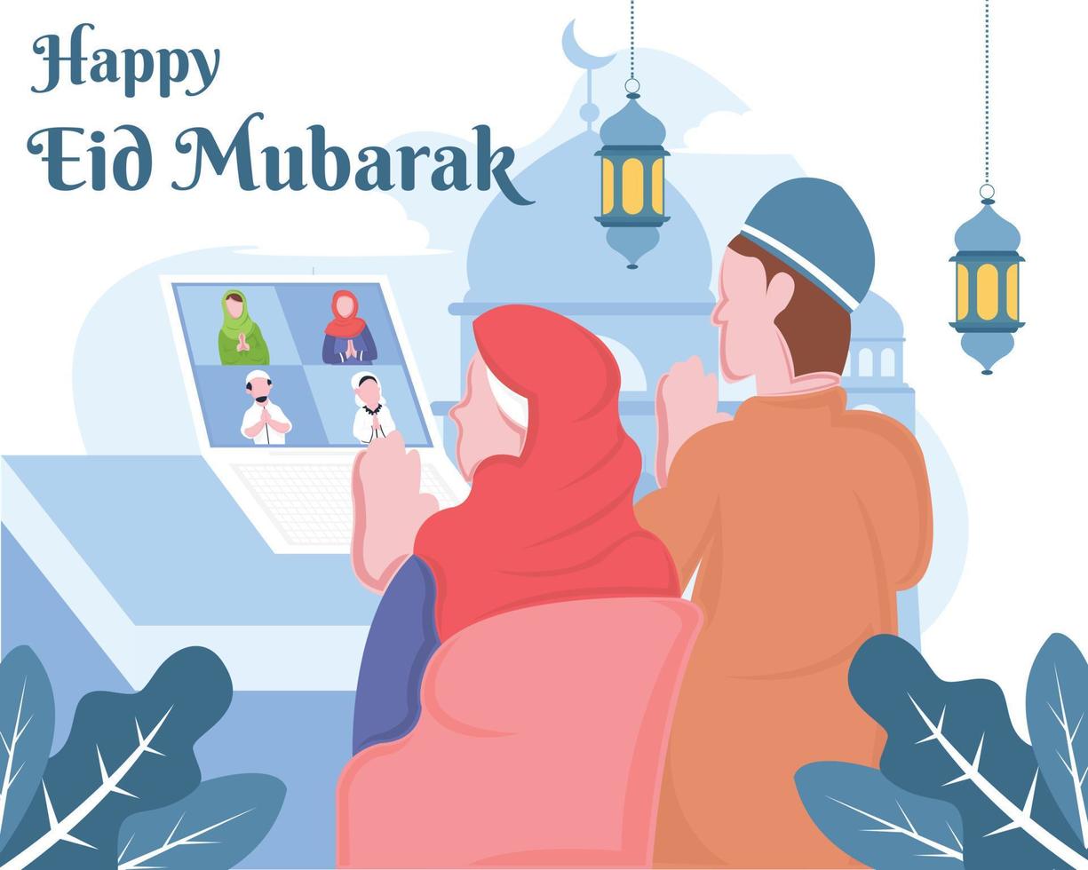 illustratie vectorafbeelding van een man en vrouw zeggen eid al-fitr met een videogesprek via een laptopapparaat, perfect voor religie, vakantie, cultuur, traditie, wenskaart, enz. vector