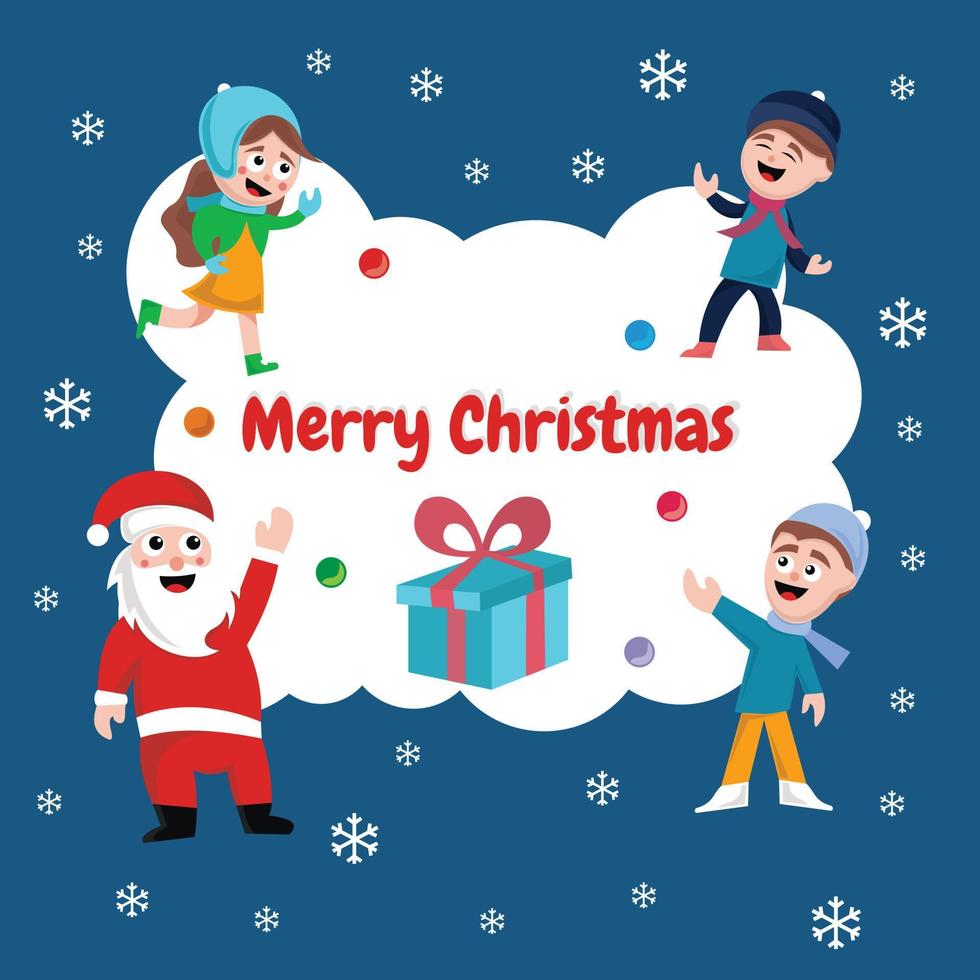 illustratie vectorafbeelding van de kerstman en kinderen die Kerstmis vieren, kerstcadeaus en sneeuwvlokken weergeven, perfect voor Kerstmis, religie, kerk, vakantie, wenskaart, enz. vector