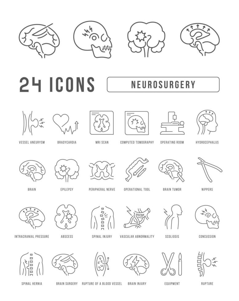 set van lineaire iconen van neurochirurgie vector