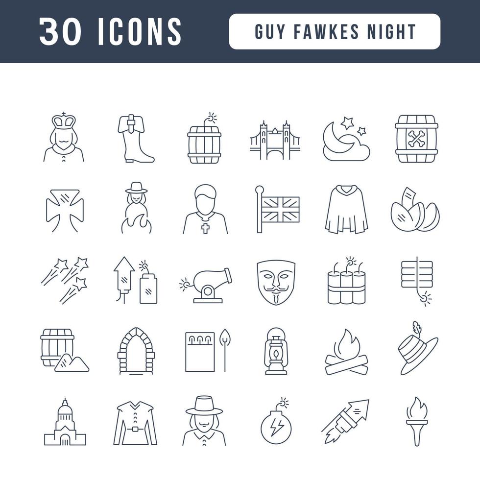 set lineaire iconen van guy fawkes night vector
