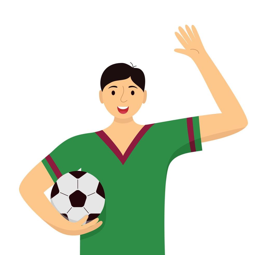 lachende jonge man in uniform houdt een voetbal vast. voetballer of fan die met zijn hand zwaait. gezonde levensstijl en fitness concept. vectorillustratie geïsoleerd op een witte achtergrond vector