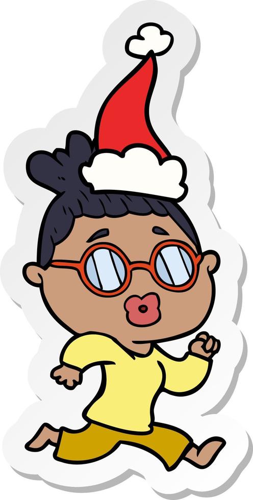 sticker cartoon van een vrouw die een bril draagt met een kerstmuts vector