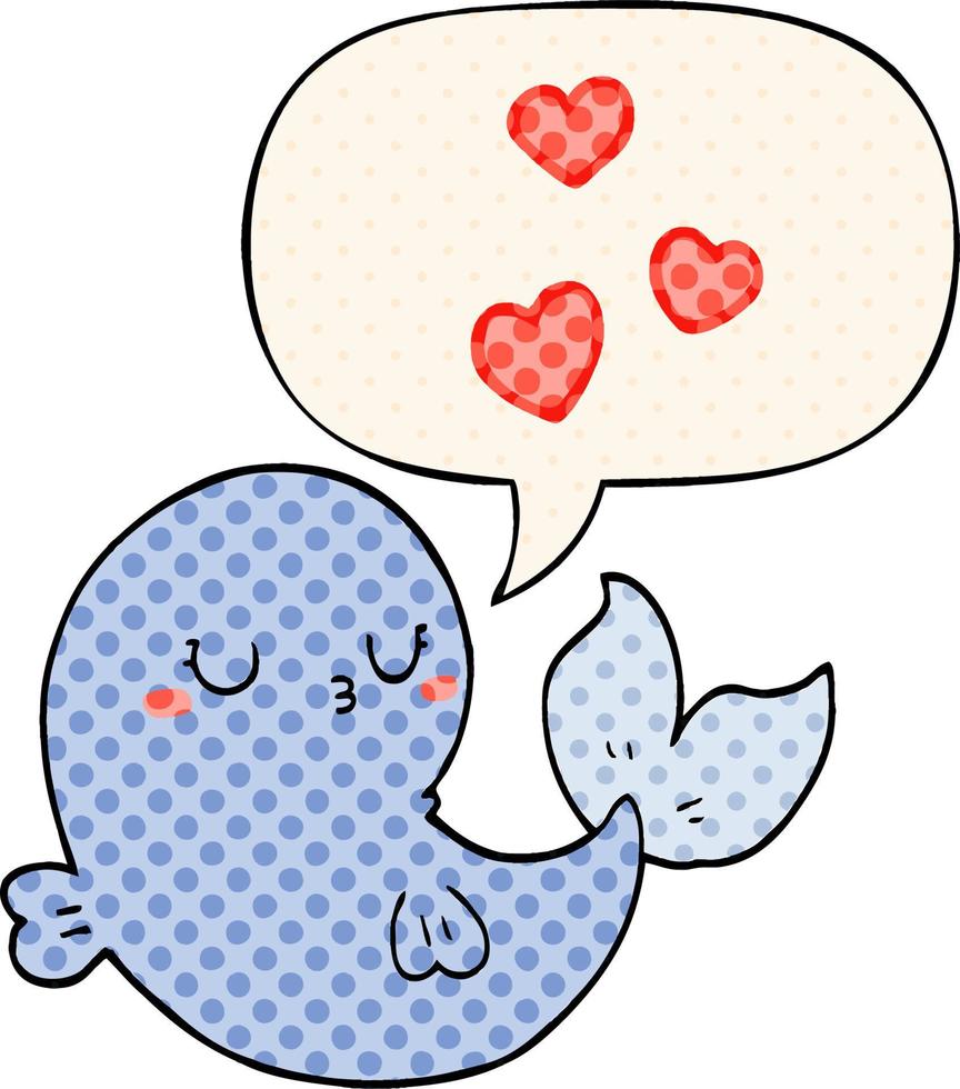 schattige cartoon walvis in liefde en tekstballon in stripboekstijl vector