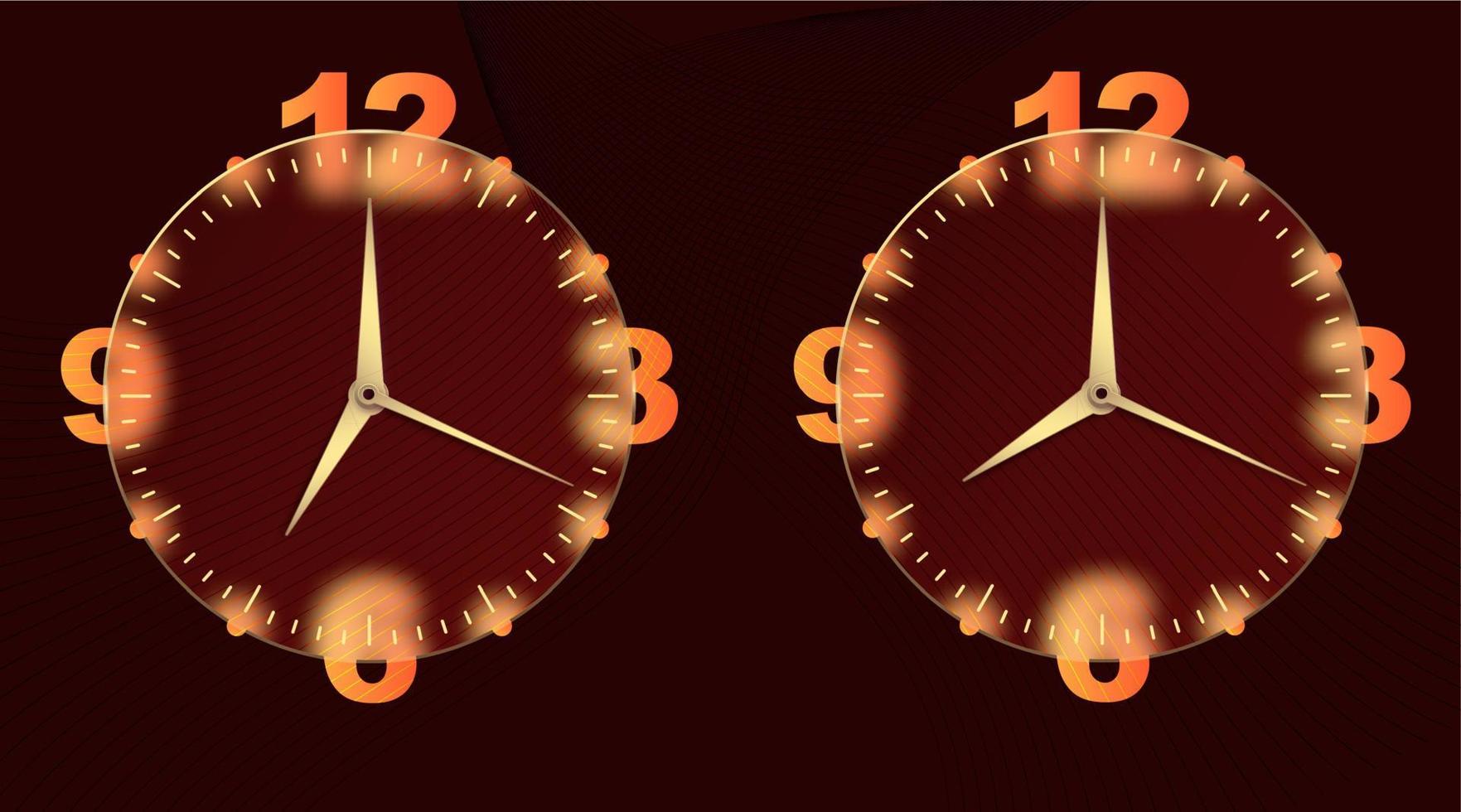 klok glasmorfisme effect. stel 3D-stijl ronde timer gouden wijzerplaat en wijzers in voor het ontwerp van mobiele apps. zakelijke pictogram. moderne concept achtergrond. indicatie van de tijd. vector illustratie