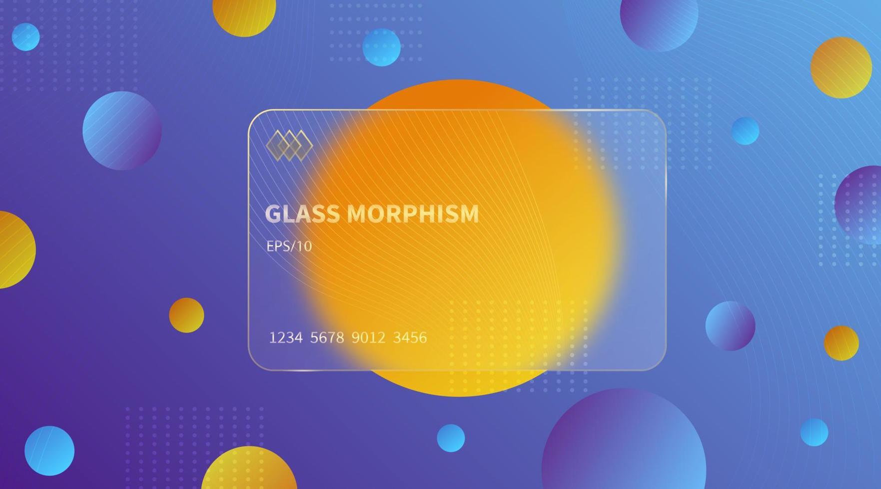 glas morfisme effect. transparante gematteerde acryl bankkaarten. oranje gele kleurovergang cirkels op violet blauwe achtergrond. realistische glasmorfisme matte plexiglas vorm. vector