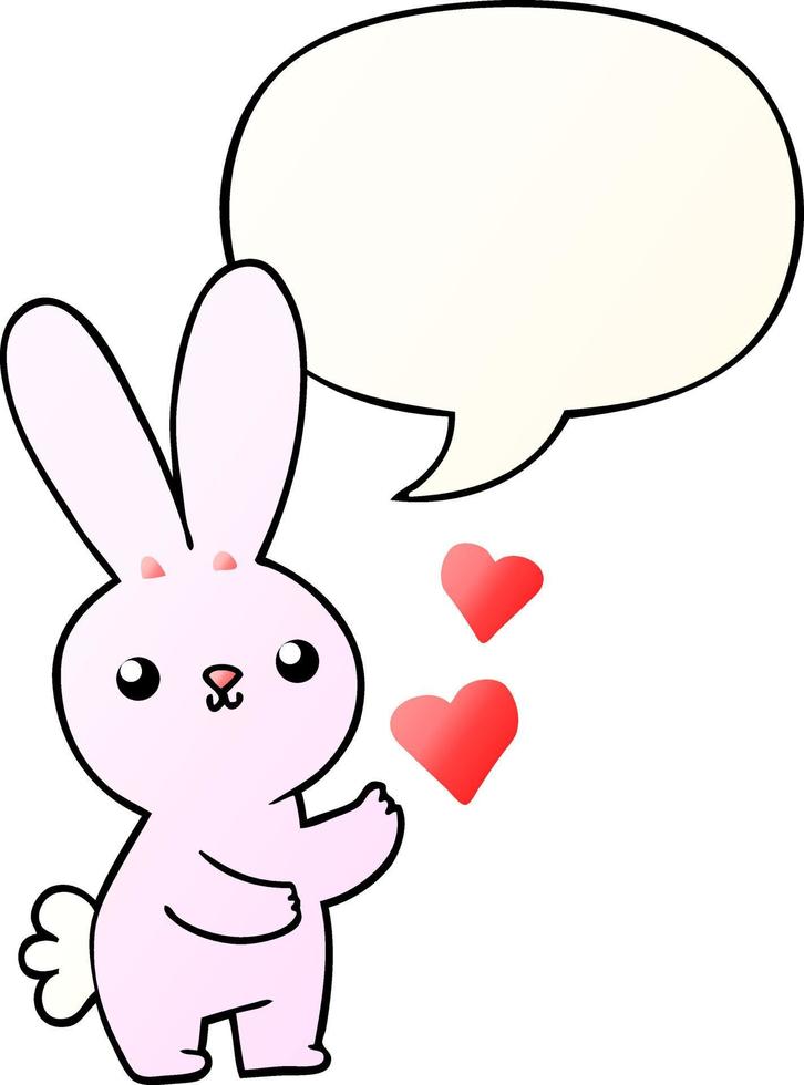 schattig cartoon konijn en liefdesharten en tekstballon in vloeiende verloopstijl vector