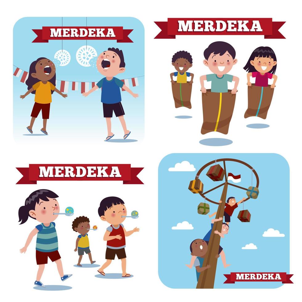 een groep Indonesische kinderen organiseert wedstrijden die meestal op 17 augustus worden gehouden, zoals knikkerwedstrijd, cracker-eetwedstrijd en areca-klimwedstrijd. vector