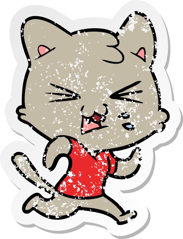 verontruste sticker van een cartoon sissende kat vector