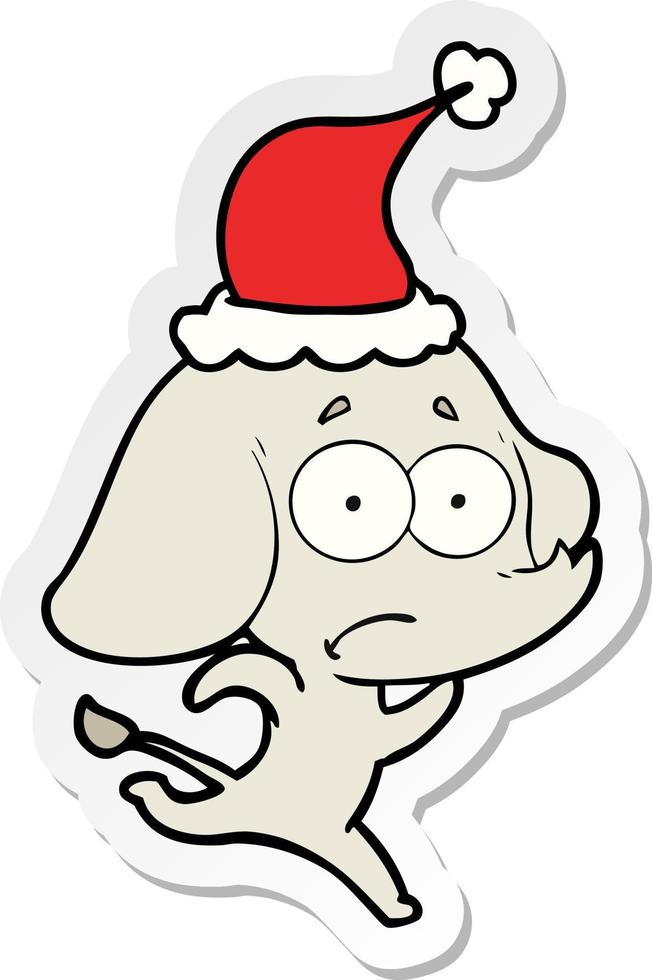 sticker cartoon van een onzekere olifant die wegrent met een kerstmuts vector