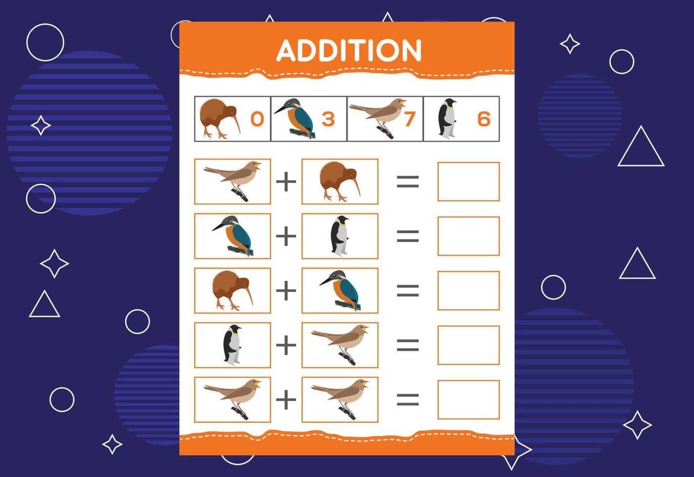 toevoeging met verschillende vogels voor kinderen. een educatief werkblad voor kinderen. vector ontwerp