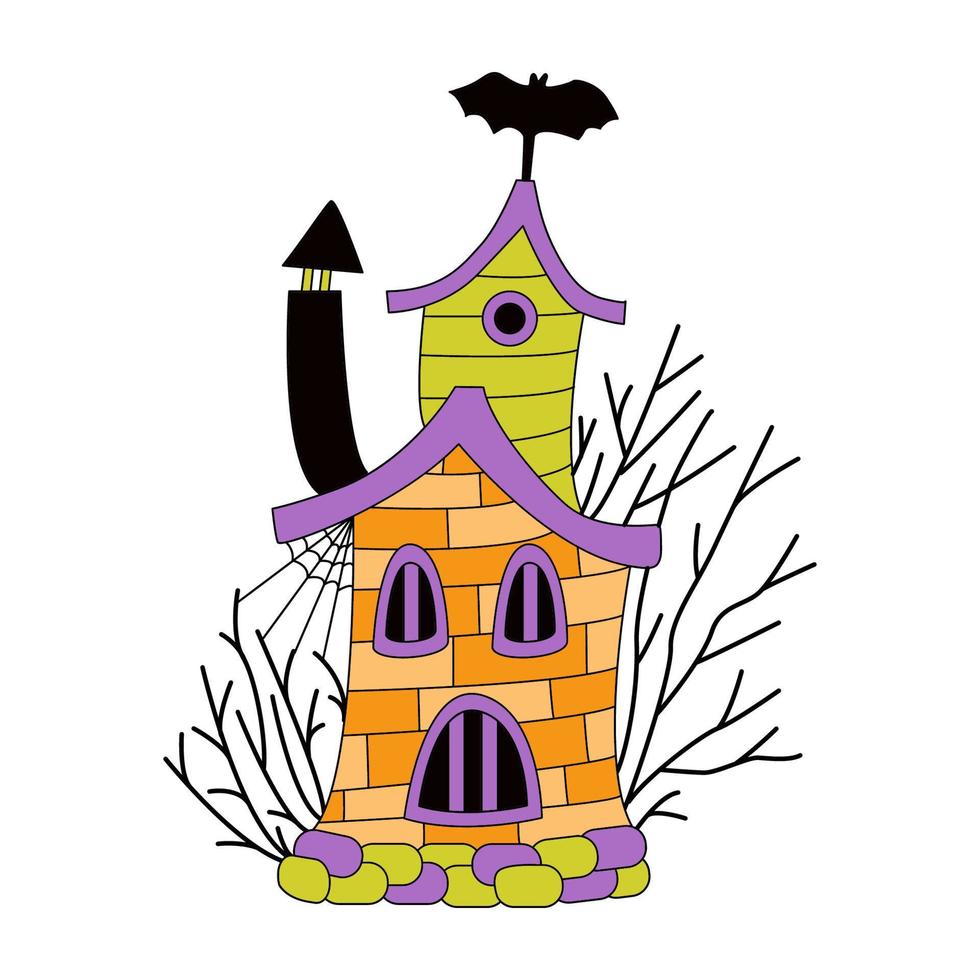 eng huis omgeven door kale bomen. vector hand getekende illustratie. geweldig voor halloween-ontwerp